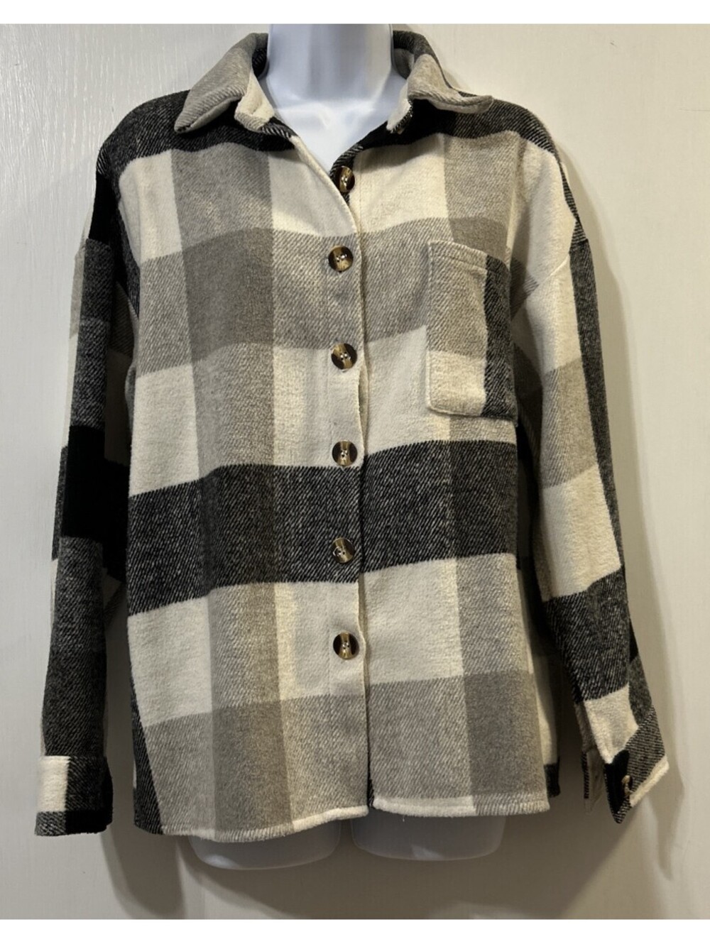 Plaid Shacket Women's S Black, Grey & White - Long sleeve button up - Outdoorsy